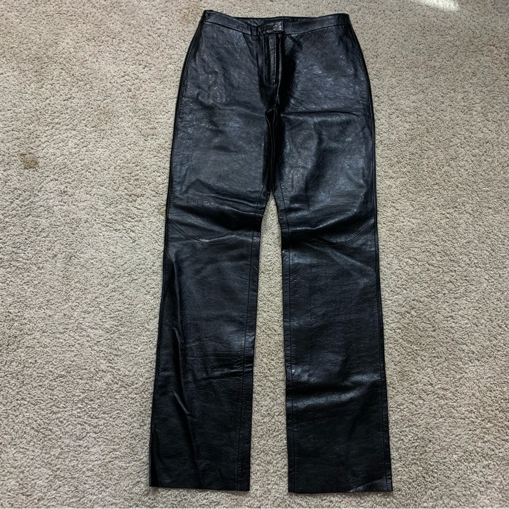 Women's EXPRESS Black LEATHER Flat Front STRAIGHT LEG Lined MOTO Slacks PANTS